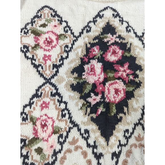 Vintage Beldoch Popper Sweater S Floral Knit Ramie Cotton Cottagecore 80s - Picture 3 of 10